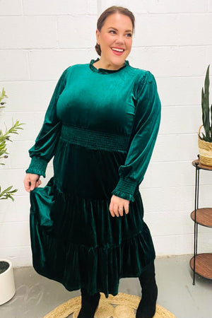 Holiday Dreaming Hunter Green Velvet Mock Neck Smocked Waist Dress - Coeur de la Mode
