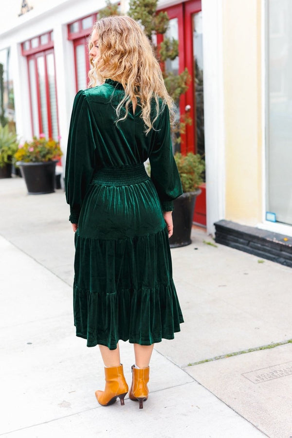 Holiday Dreaming Hunter Green Velvet Mock Neck Smocked Waist Dress - Coeur de la Mode