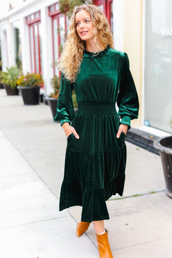 Holiday Dreaming Hunter Green Velvet Mock Neck Smocked Waist Dress - Coeur de la Mode