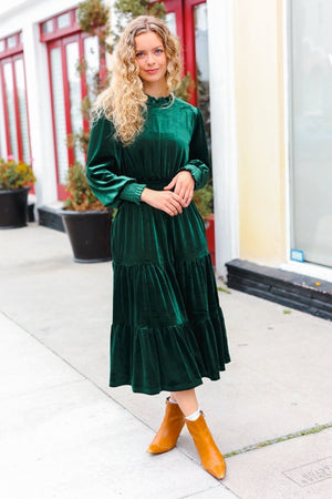 Holiday Dreaming Hunter Green Velvet Mock Neck Smocked Waist Dress - Coeur de la Mode