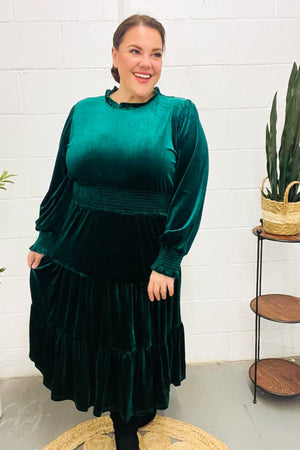 Holiday Dreaming Hunter Green Velvet Mock Neck Smocked Waist Dress - Coeur de la Mode