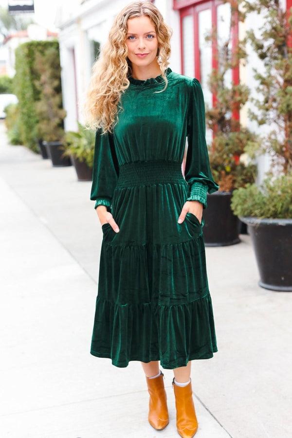 Holiday Dreaming Hunter Green Velvet Mock Neck Smocked Waist Dress - Coeur de la Mode
