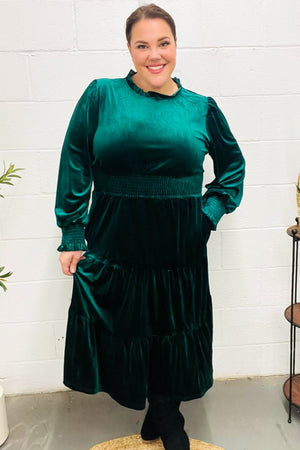 Holiday Dreaming Hunter Green Velvet Mock Neck Smocked Waist Dress - Coeur de la Mode