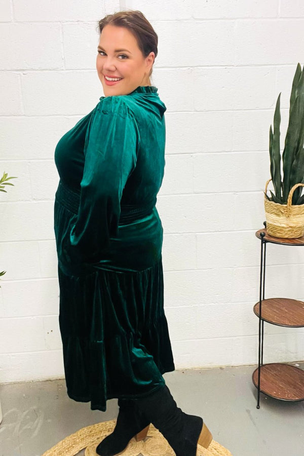 Holiday Dreaming Hunter Green Velvet Mock Neck Smocked Waist Dress - Coeur de la Mode