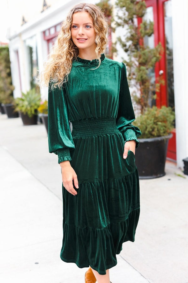 Holiday Dreaming Hunter Green Velvet Mock Neck Smocked Waist Dress - Coeur de la Mode
