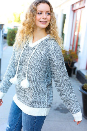 Holiday Ready Charcoal Two Tone Knit Tassel Sweater Hoodie - Coeur de la Mode