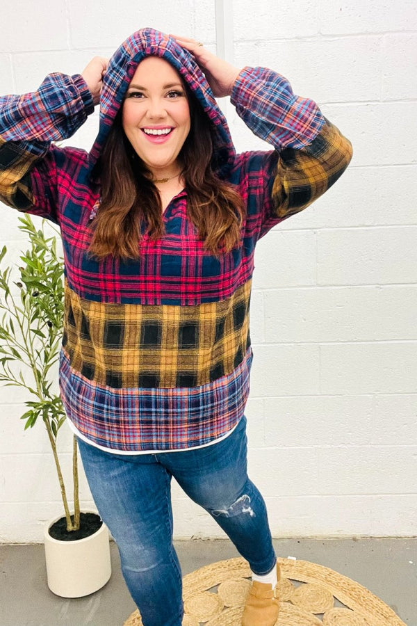 Holiday Ready Red & Mustard Plaid Notched Neck Flannel Hoodie - Coeur de la Mode