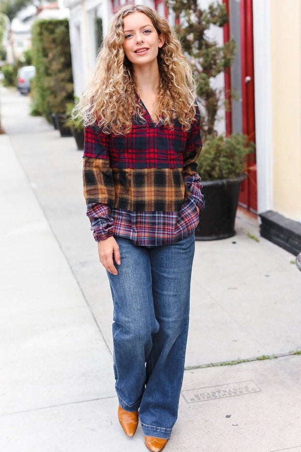 Holiday Ready Red & Mustard Plaid Notched Neck Flannel Hoodie - Coeur de la Mode