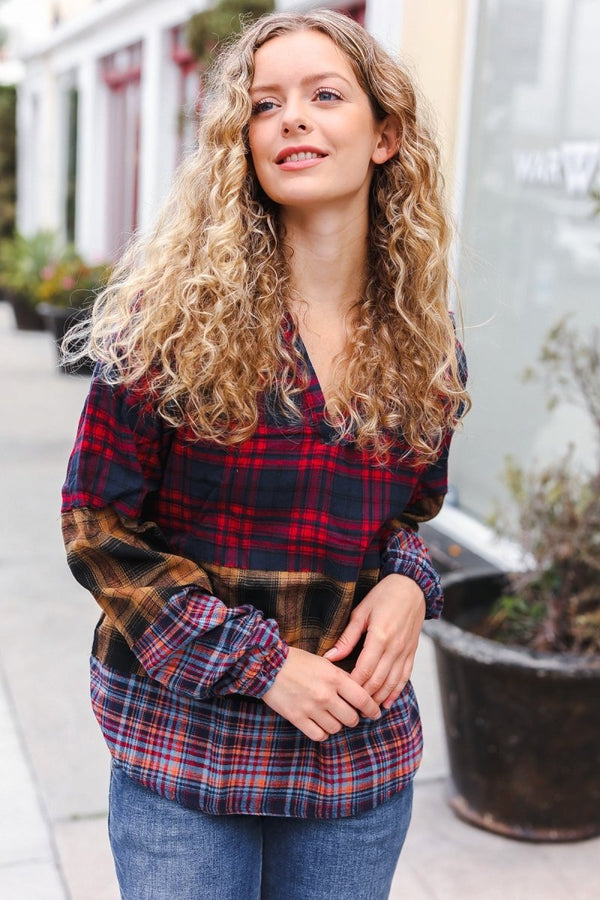 Holiday Ready Red & Mustard Plaid Notched Neck Flannel Hoodie - Coeur de la Mode