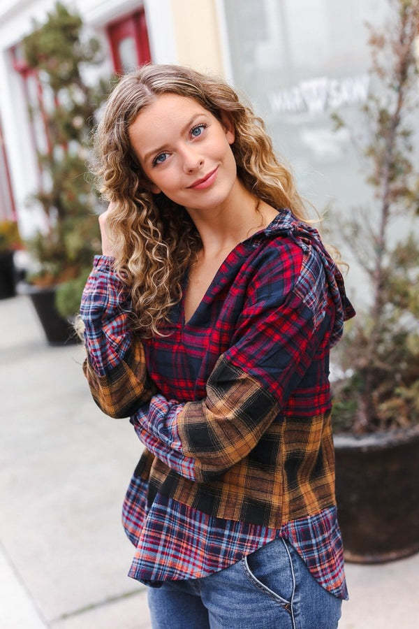 Holiday Ready Red & Mustard Plaid Notched Neck Flannel Hoodie - Coeur de la Mode