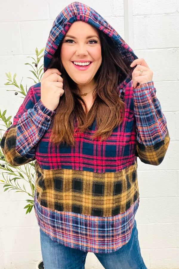 Holiday Ready Red & Mustard Plaid Notched Neck Flannel Hoodie - Coeur de la Mode