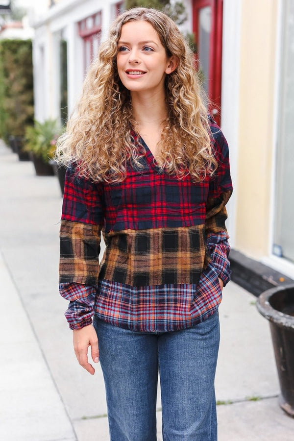 Holiday Ready Red & Mustard Plaid Notched Neck Flannel Hoodie - Coeur de la Mode