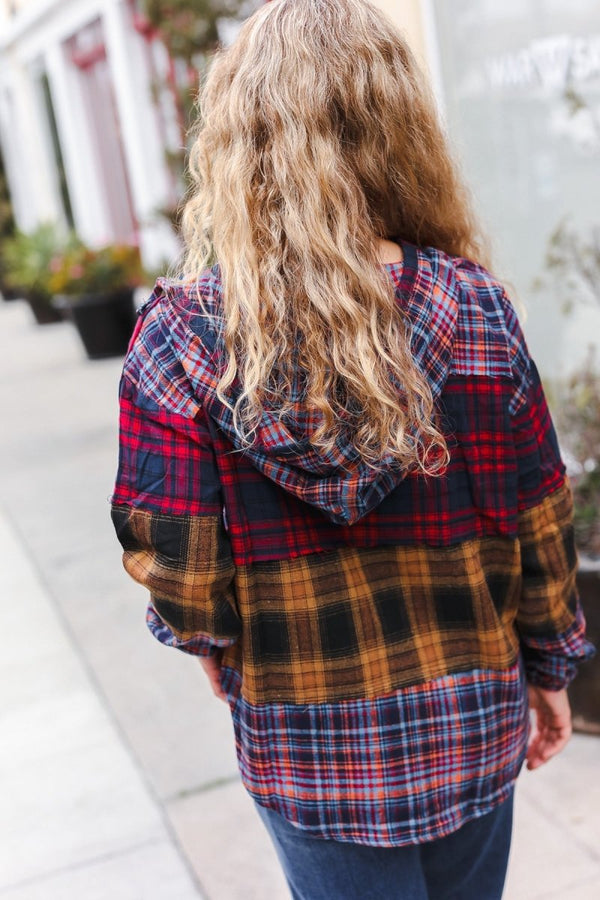 Holiday Ready Red & Mustard Plaid Notched Neck Flannel Hoodie - Coeur de la Mode