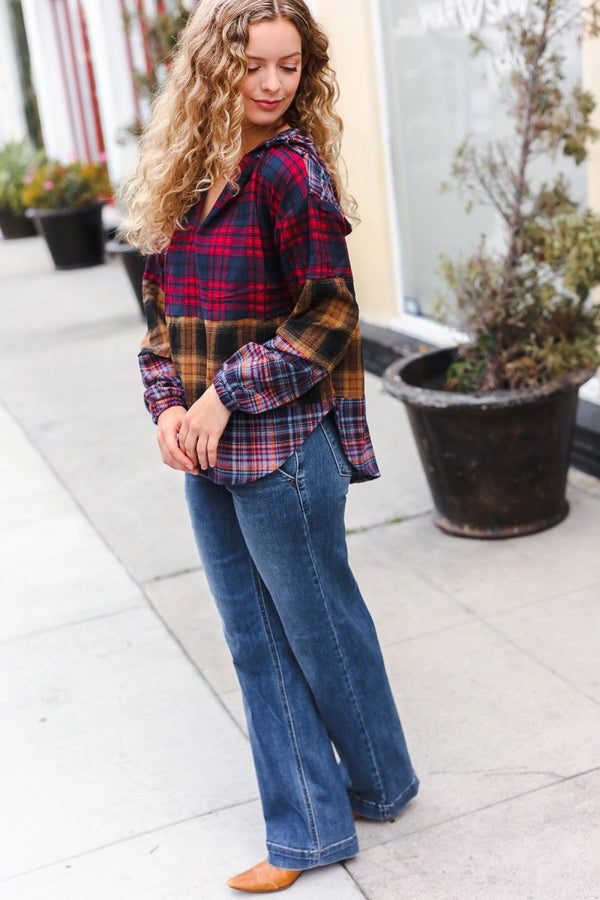 Holiday Ready Red & Mustard Plaid Notched Neck Flannel Hoodie - Coeur de la Mode