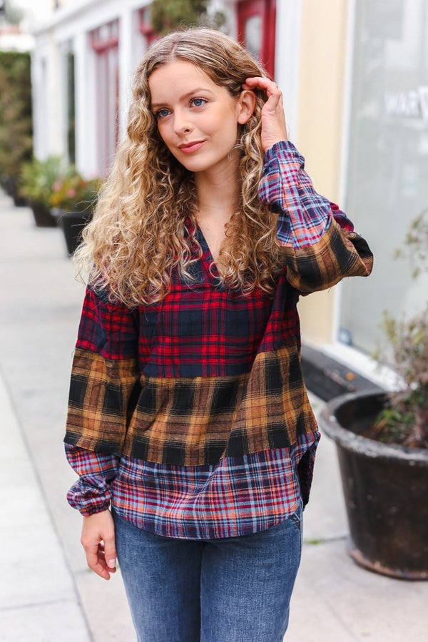 Holiday Ready Red & Mustard Plaid Notched Neck Flannel Hoodie - Coeur de la Mode