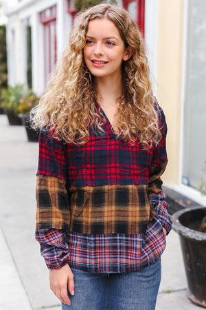 Holiday Ready Red & Mustard Plaid Notched Neck Flannel Hoodie - Coeur de la Mode