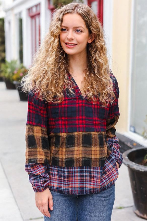 Holiday Ready Red & Mustard Plaid Notched Neck Flannel Hoodie - Coeur de la Mode