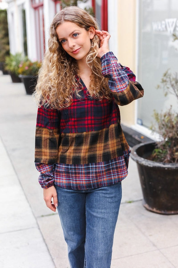 Holiday Ready Red & Mustard Plaid Notched Neck Flannel Hoodie - Coeur de la Mode