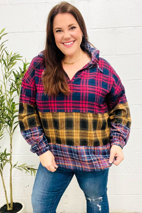 Holiday Ready Red & Mustard Plaid Notched Neck Flannel Hoodie - Coeur de la Mode