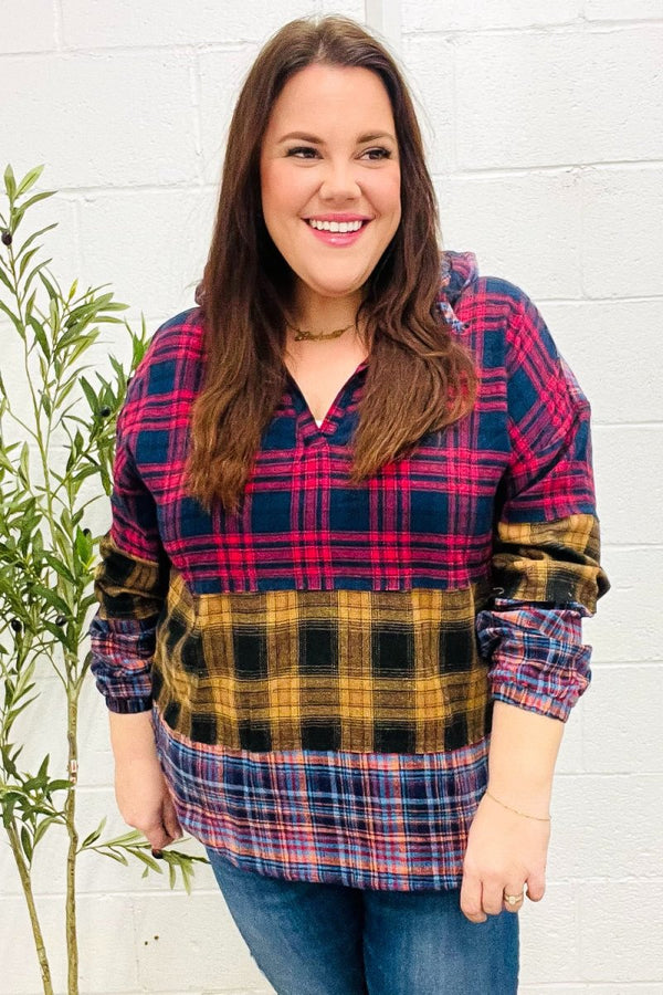 Holiday Ready Red & Mustard Plaid Notched Neck Flannel Hoodie - Coeur de la Mode