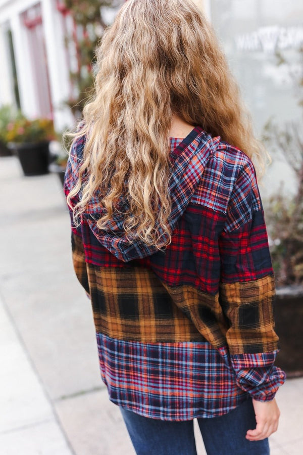 Holiday Ready Red & Mustard Plaid Notched Neck Flannel Hoodie - Coeur de la Mode