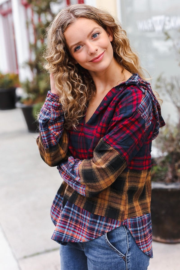 Holiday Ready Red & Mustard Plaid Notched Neck Flannel Hoodie - Coeur de la Mode