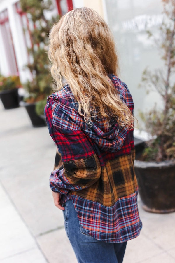 Holiday Ready Red & Mustard Plaid Notched Neck Flannel Hoodie - Coeur de la Mode