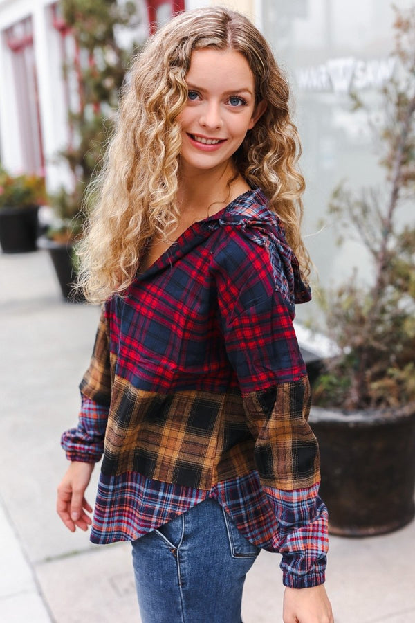 Holiday Ready Red & Mustard Plaid Notched Neck Flannel Hoodie - Coeur de la Mode