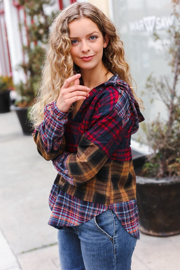 Holiday Ready Red & Mustard Plaid Notched Neck Flannel Hoodie - Coeur de la Mode