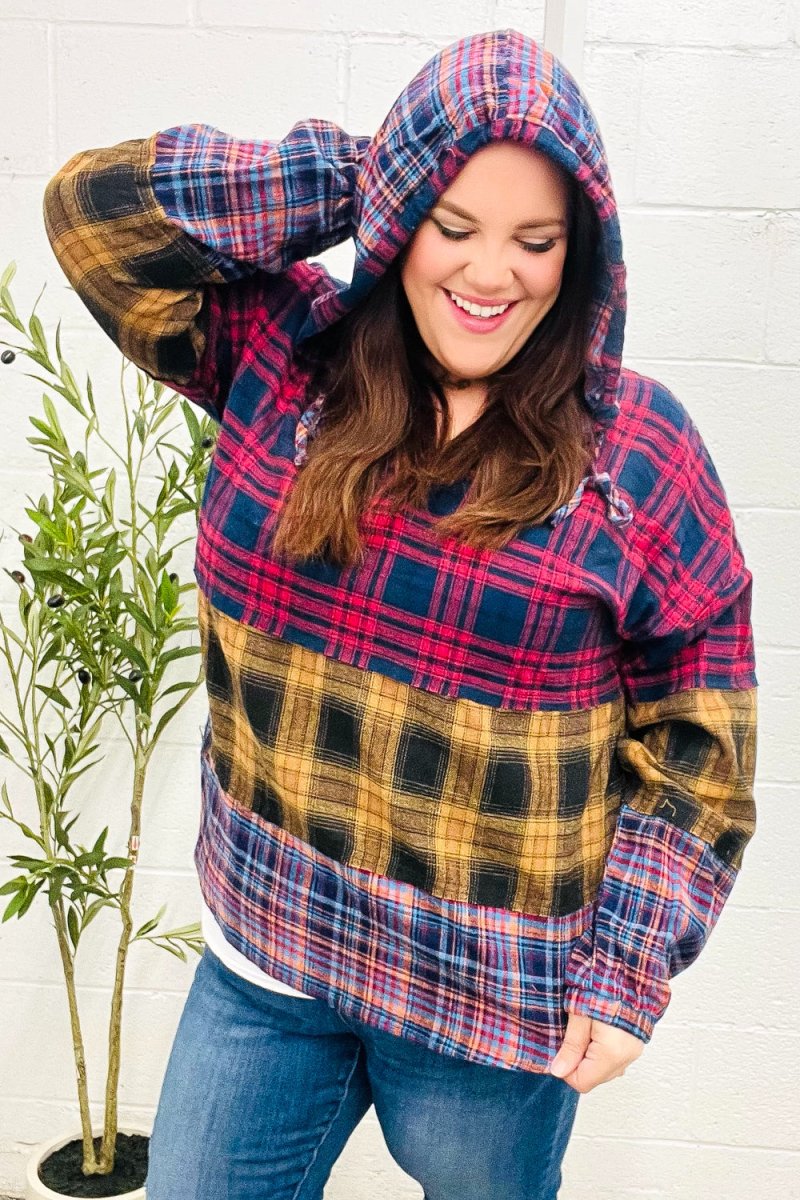 Holiday Ready Red & Mustard Plaid Notched Neck Flannel Hoodie - Coeur de la Mode
