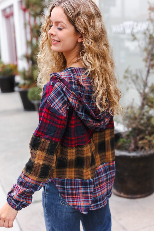 Holiday Ready Red & Mustard Plaid Notched Neck Flannel Hoodie - Coeur de la Mode