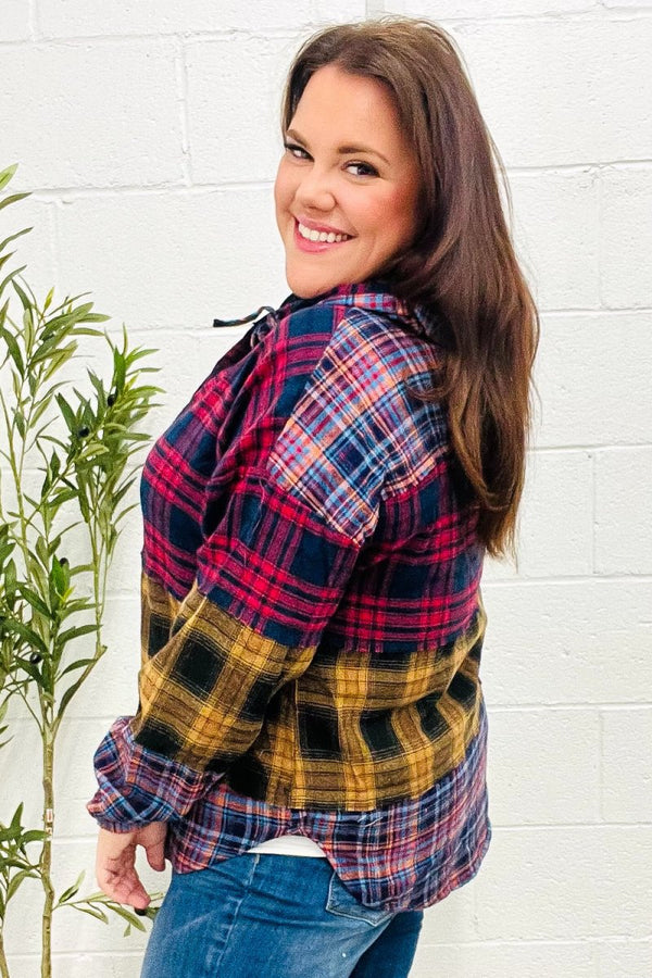 Holiday Ready Red & Mustard Plaid Notched Neck Flannel Hoodie - Coeur de la Mode