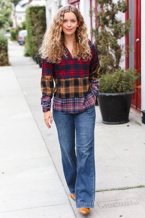 Holiday Ready Red & Mustard Plaid Notched Neck Flannel Hoodie - Coeur de la Mode