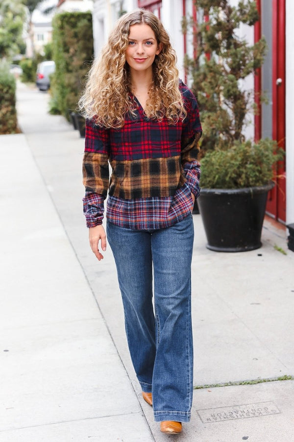 Holiday Ready Red & Mustard Plaid Notched Neck Flannel Hoodie - Coeur de la Mode