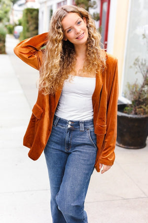 Holiday Stunner Rust Velvet Lapel Blazer - Coeur de la Mode