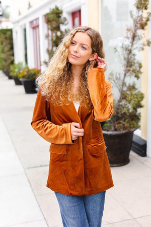Holiday Stunner Rust Velvet Lapel Blazer - Coeur de la Mode