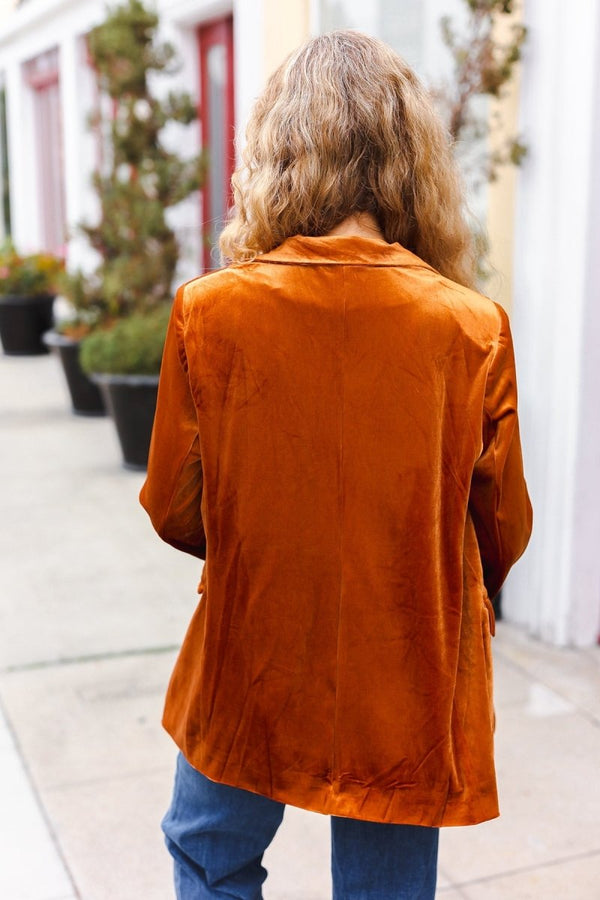 Holiday Stunner Rust Velvet Lapel Blazer - Coeur de la Mode