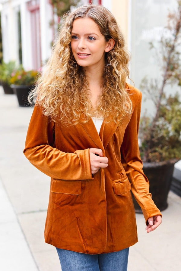 Holiday Stunner Rust Velvet Lapel Blazer - Coeur de la Mode