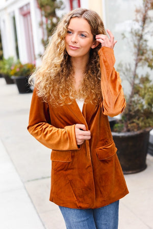 Holiday Stunner Rust Velvet Lapel Blazer - Coeur de la Mode