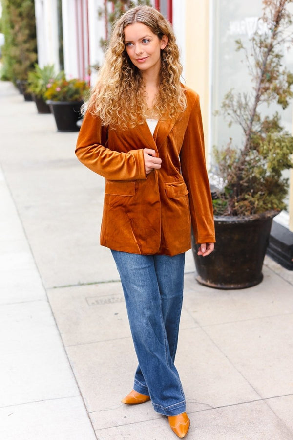 Holiday Stunner Rust Velvet Lapel Blazer - Coeur de la Mode