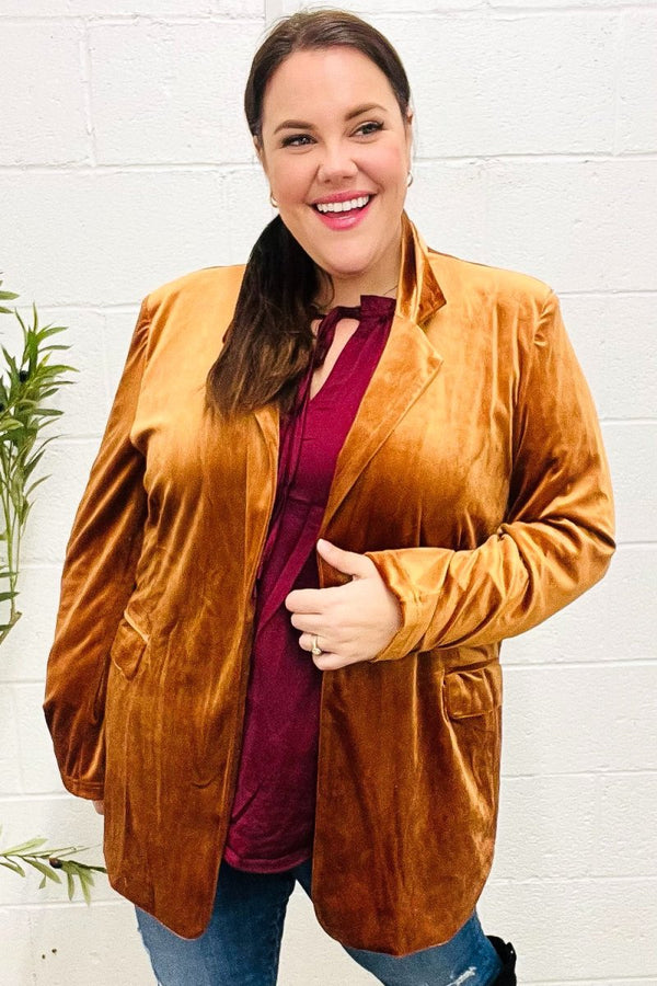 Holiday Stunner Rust Velvet Lapel Blazer - Coeur de la Mode