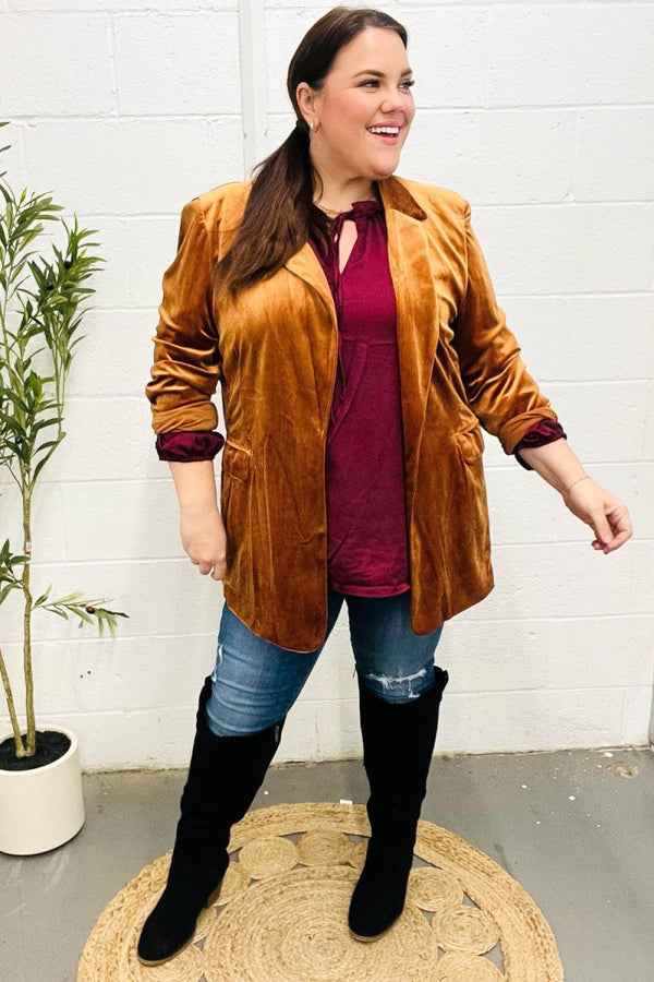 Holiday Stunner Rust Velvet Lapel Blazer - Coeur de la Mode