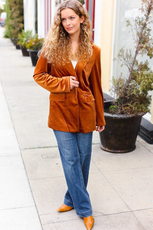 Holiday Stunner Rust Velvet Lapel Blazer - Coeur de la Mode