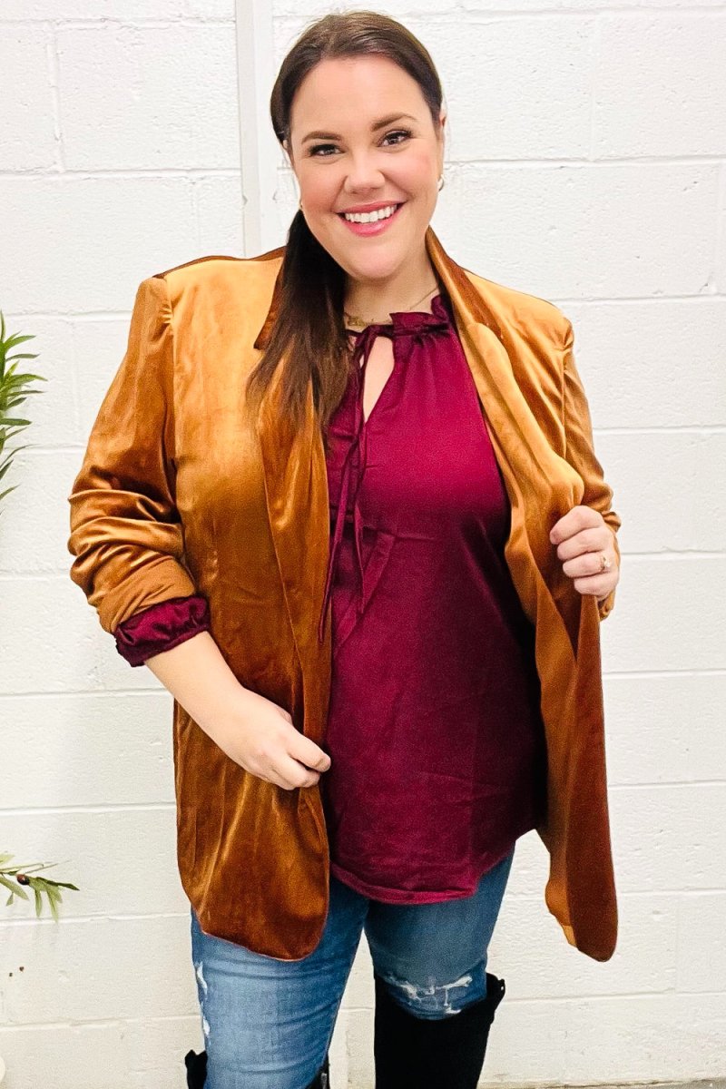 Holiday Stunner Rust Velvet Lapel Blazer - Coeur de la Mode