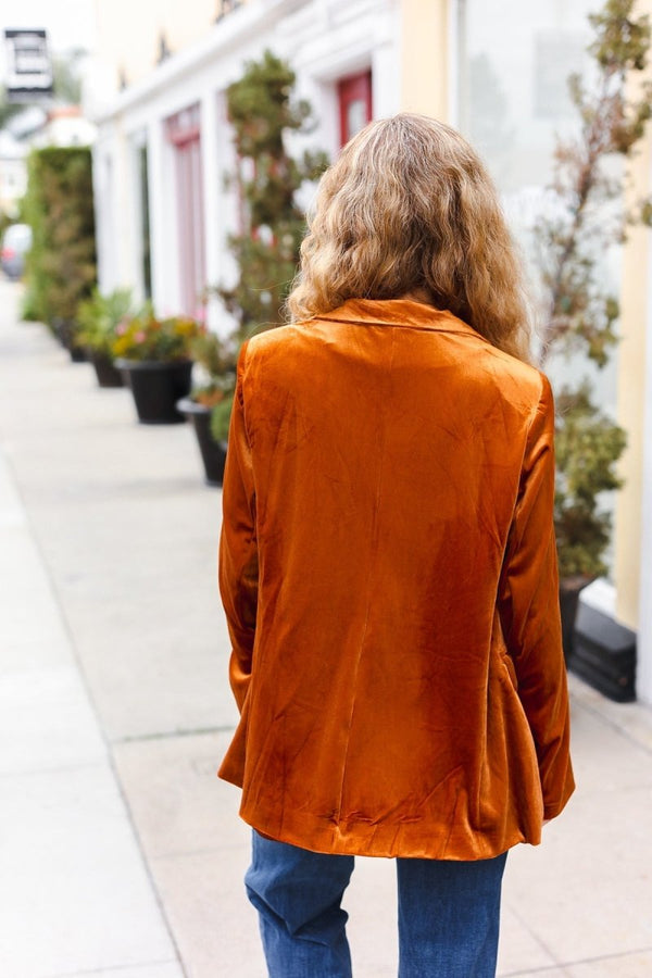 Holiday Stunner Rust Velvet Lapel Blazer - Coeur de la Mode
