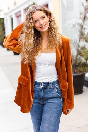 Holiday Stunner Rust Velvet Lapel Blazer - Coeur de la Mode