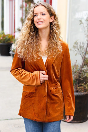 Holiday Stunner Rust Velvet Lapel Blazer - Coeur de la Mode