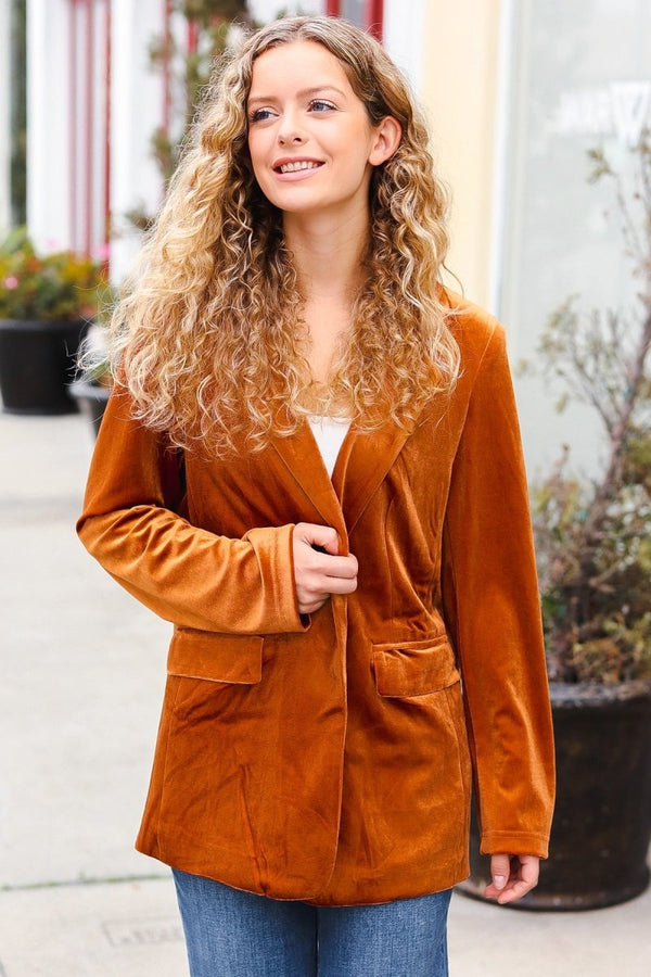 Holiday Stunner Rust Velvet Lapel Blazer - Coeur de la Mode