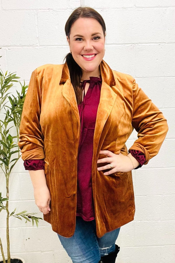 Holiday Stunner Rust Velvet Lapel Blazer - Coeur de la Mode