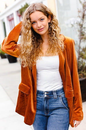 Holiday Stunner Rust Velvet Lapel Blazer - Coeur de la Mode